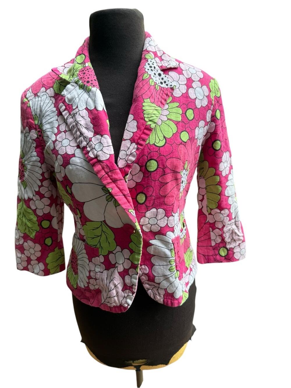 Vtg 90s Bright Floral Linen Blazer Pink Mod Y2K Retro Jacket Size 10 Statement